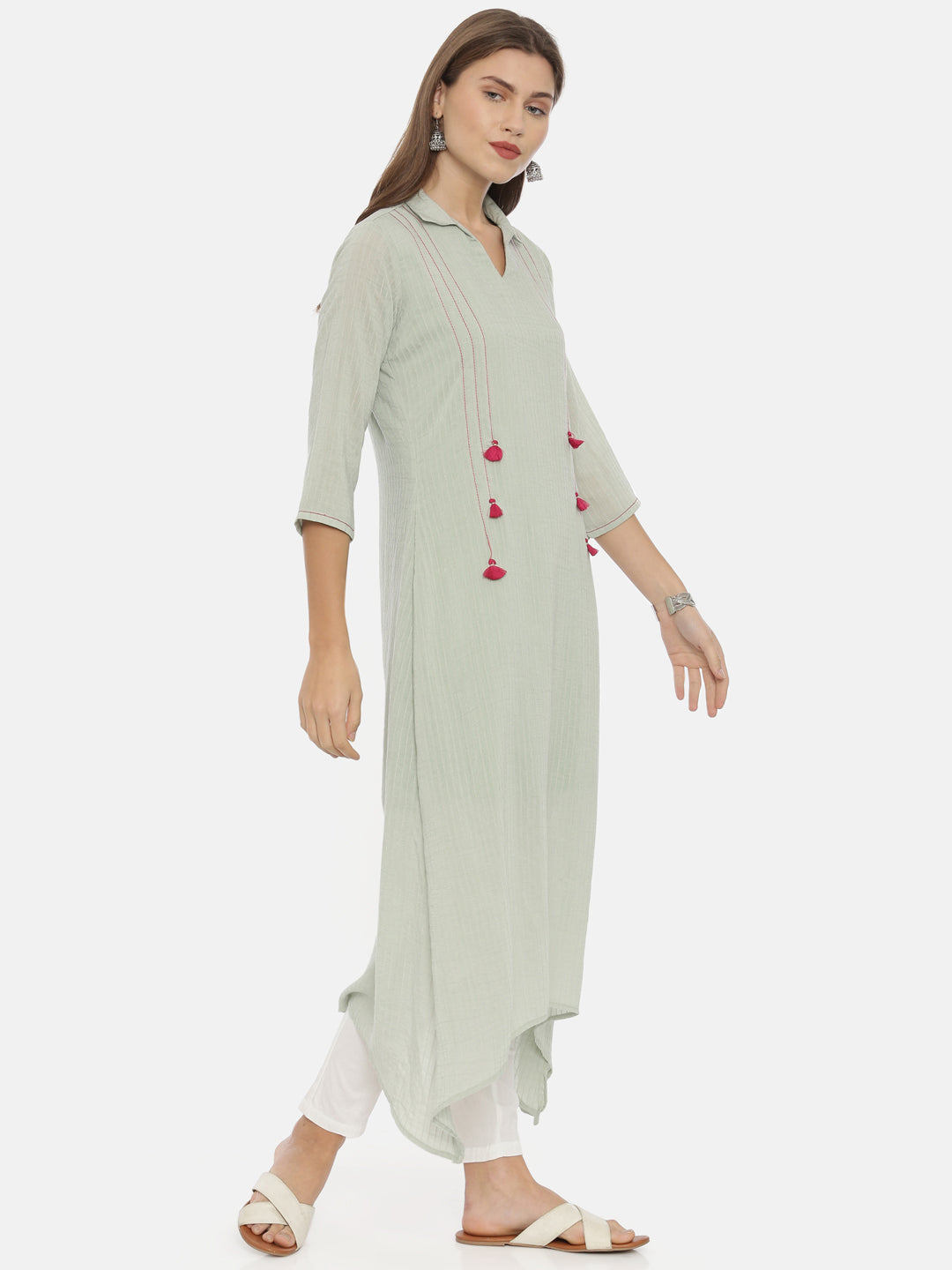 Neerus Green muslin printed high-low kurta - detail view 1