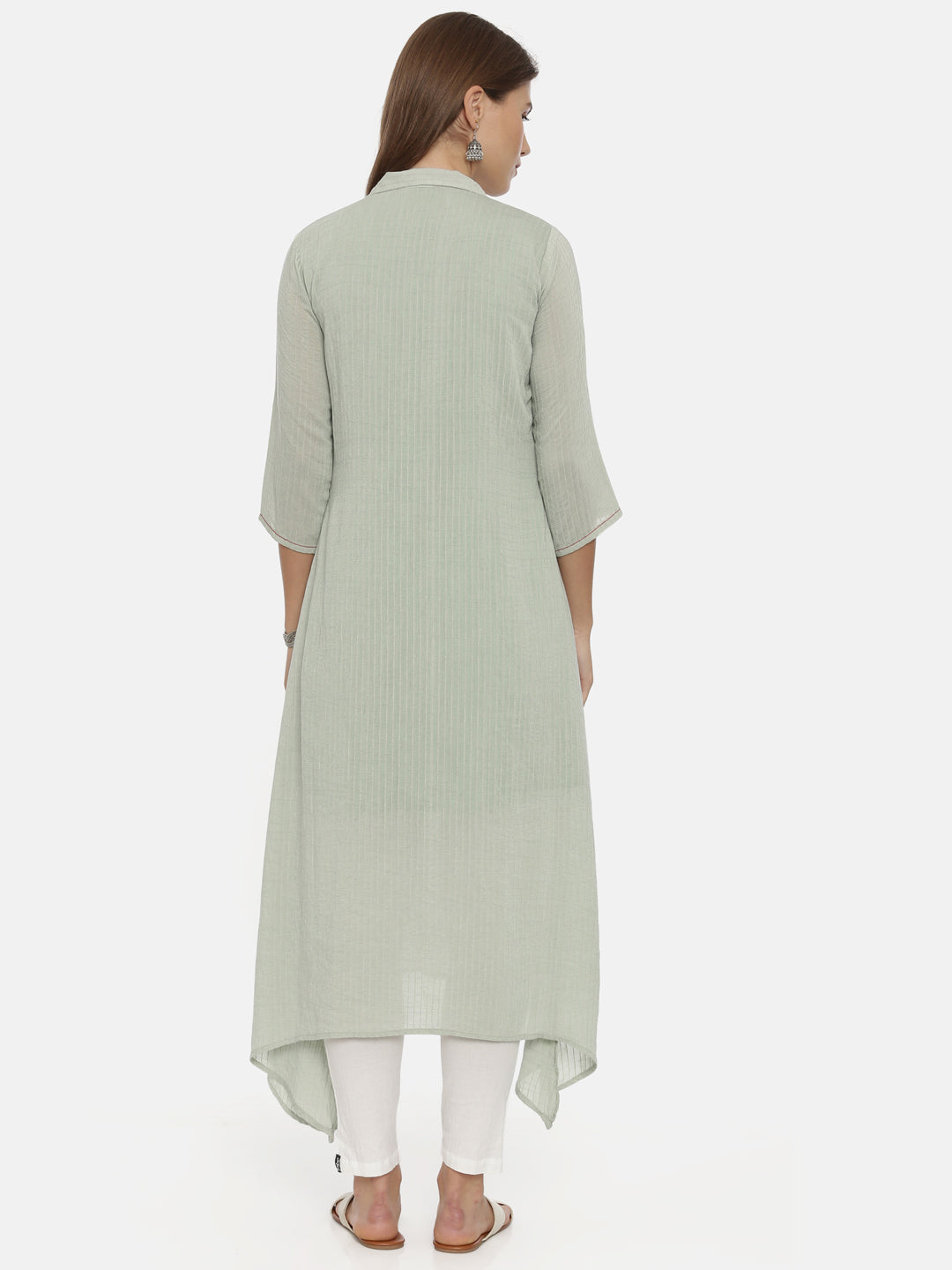 Neerus Green muslin printed high-low kurta - detail view 2