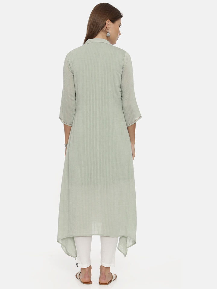 Neerus Green muslin printed high-low kurta - detail view 2