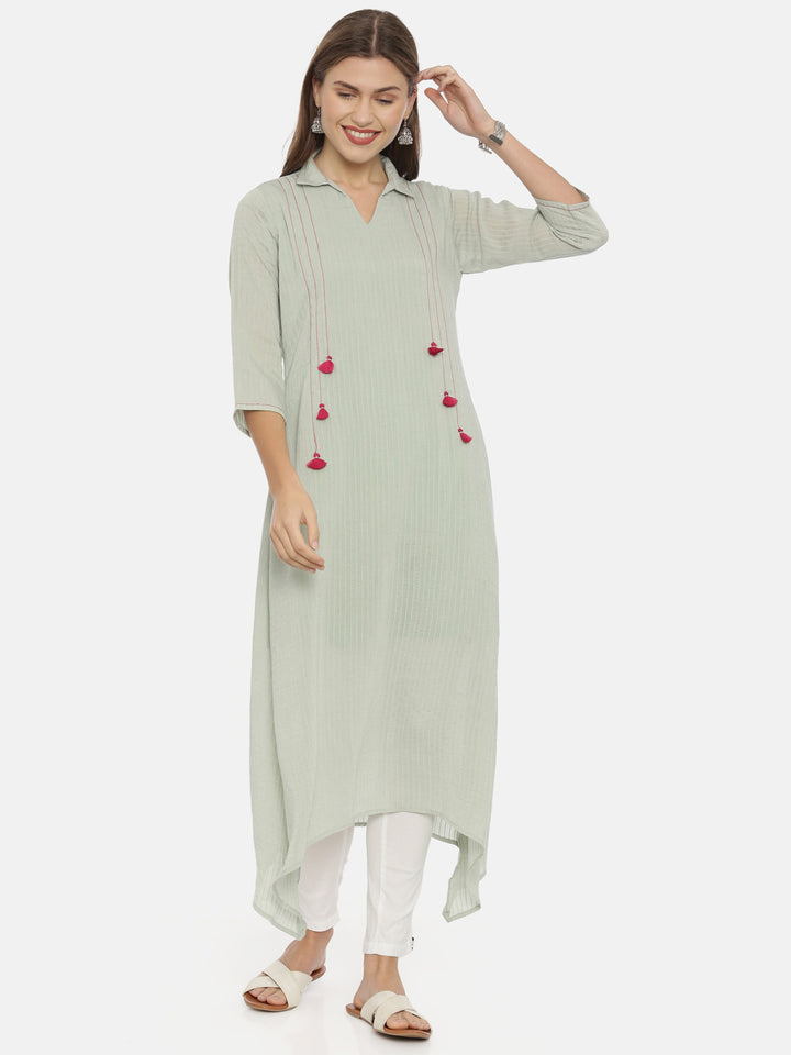 Neerus Green muslin printed high-low kurta - detail view 3