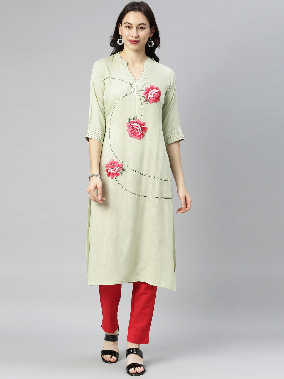 Neerus Green Embroidered Straight Kurta
