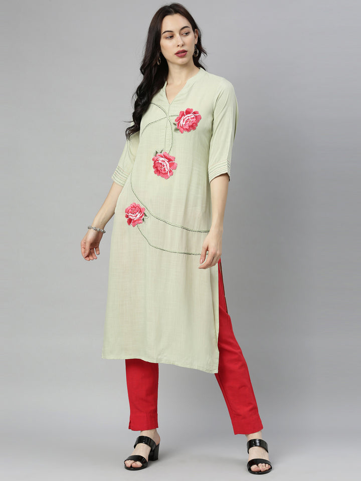 Neerus Green Embroidered Straight Kurta