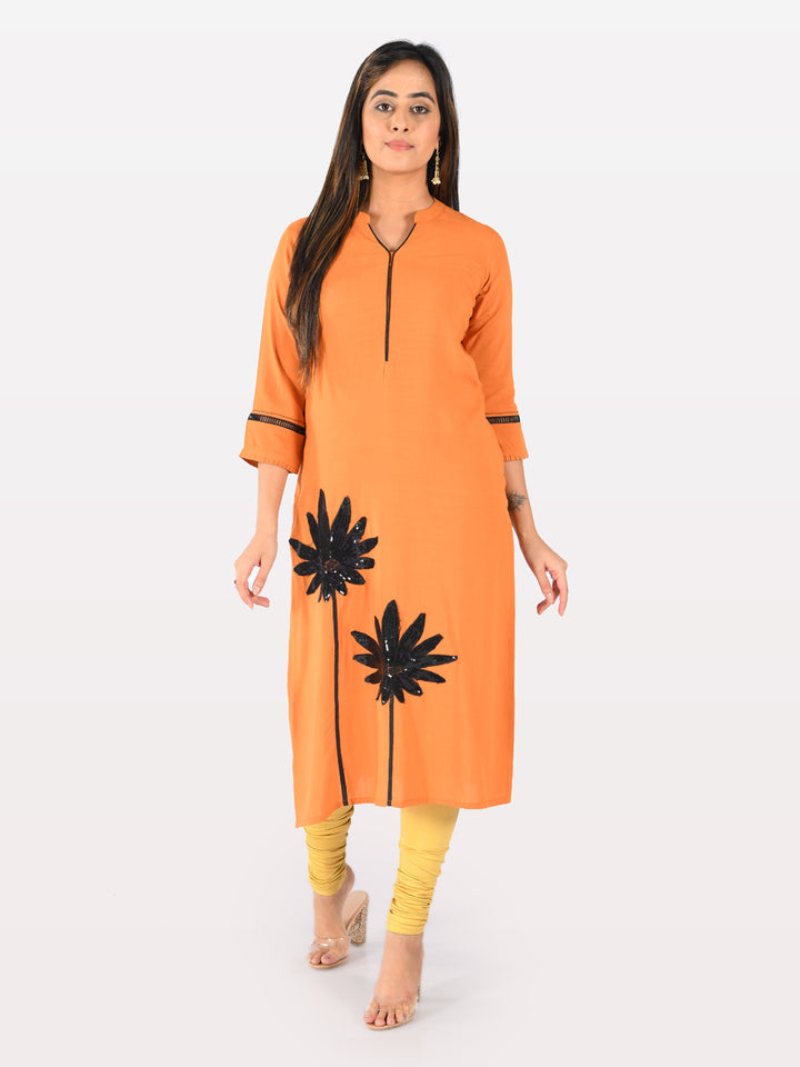 Neerus Orange Embellished Straight Kurta