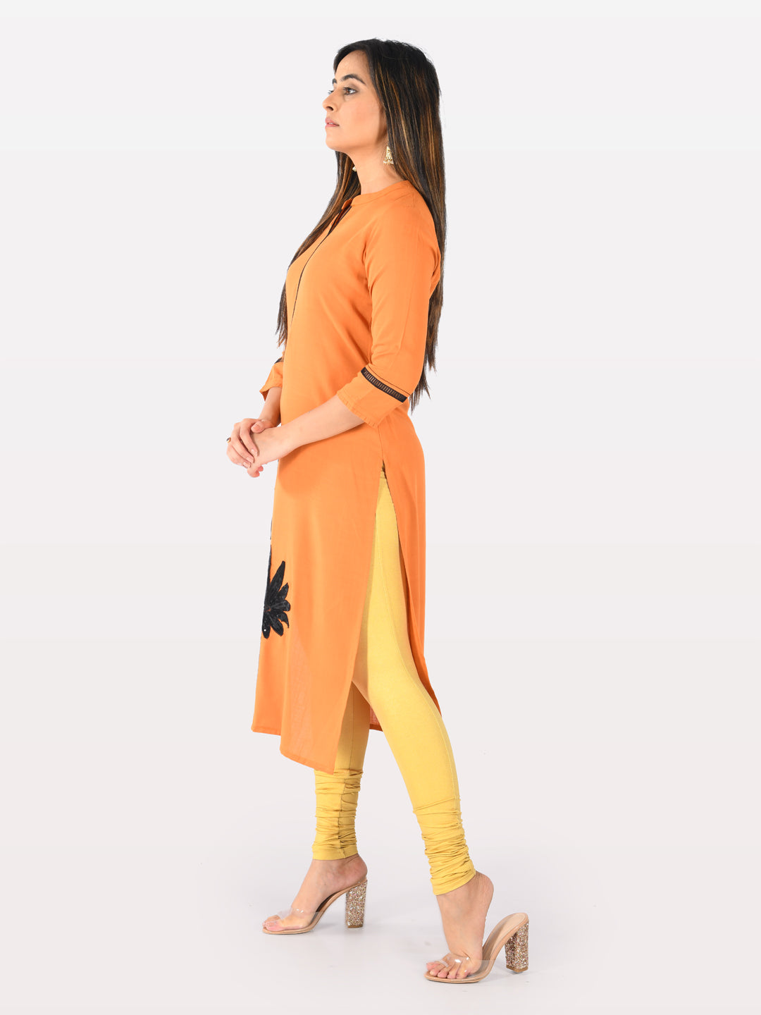 Neerus Orange Embellished Straight Kurta