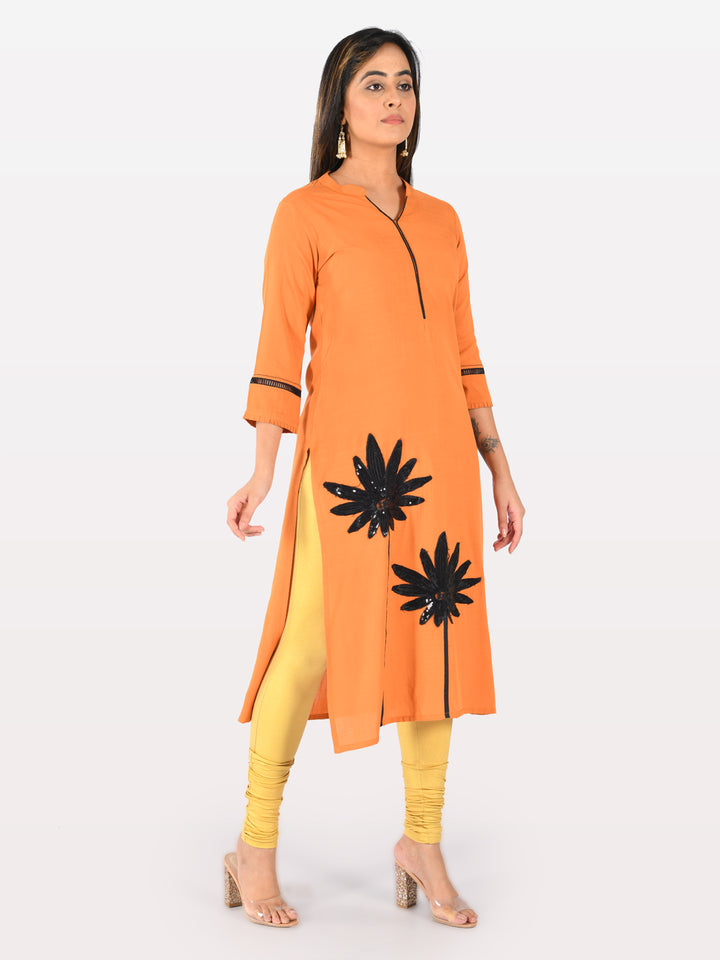 Neerus Orange Embellished Straight Kurta