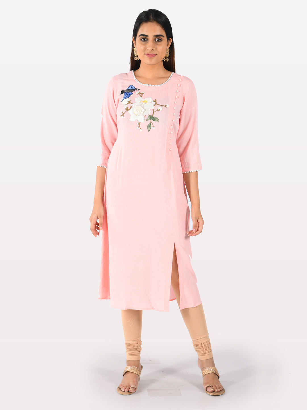 Neerus Pink rayon embroidered A-line kurta - front view