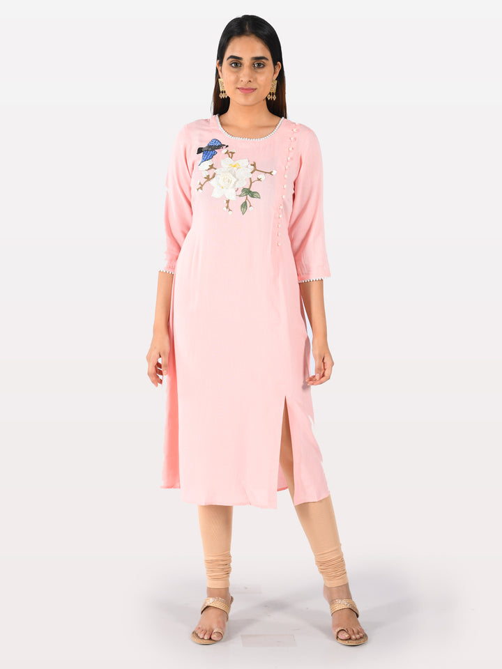Neerus Pink rayon embroidered A-line kurta - front view