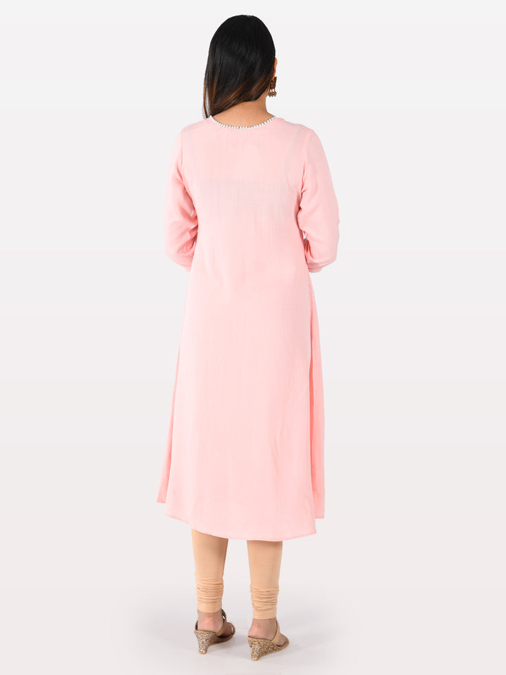Neerus Pink rayon embroidered A-line kurta - back view