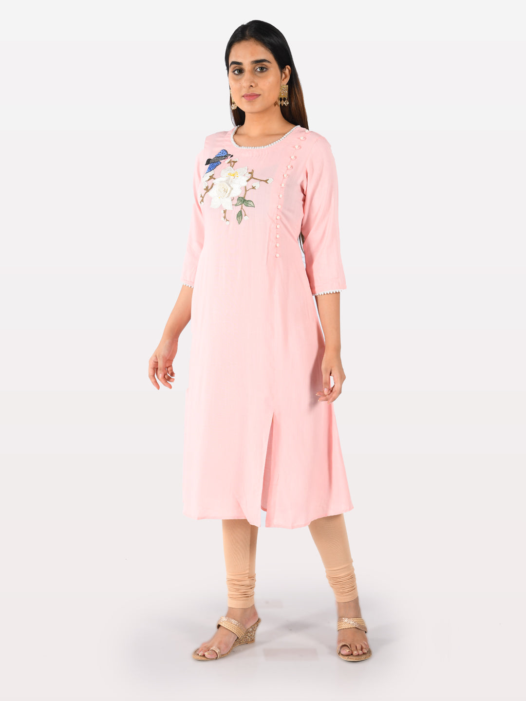 Neerus Pink rayon embroidered A-line kurta - side view
