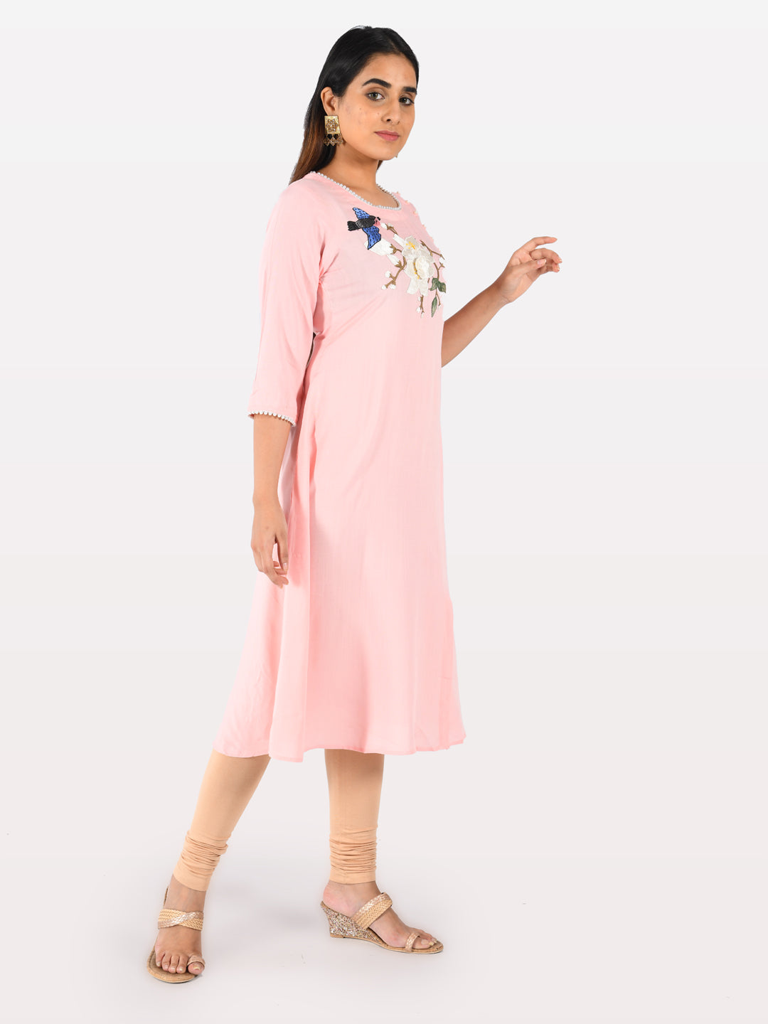 Neerus Pink rayon embroidered A-line kurta - detail view 1