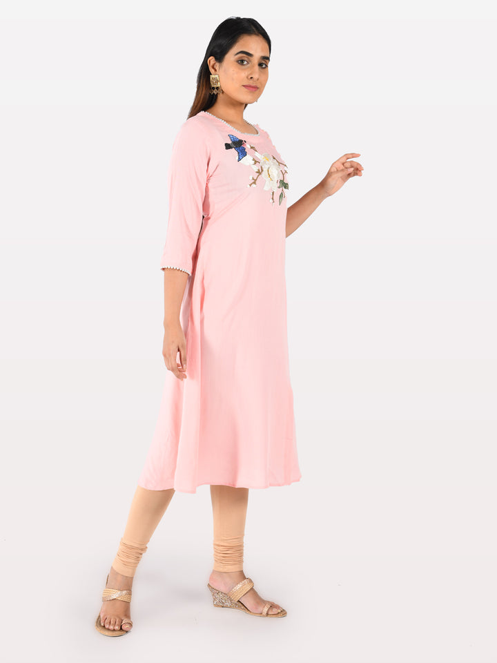 Neerus Pink rayon embroidered A-line kurta - detail view 1