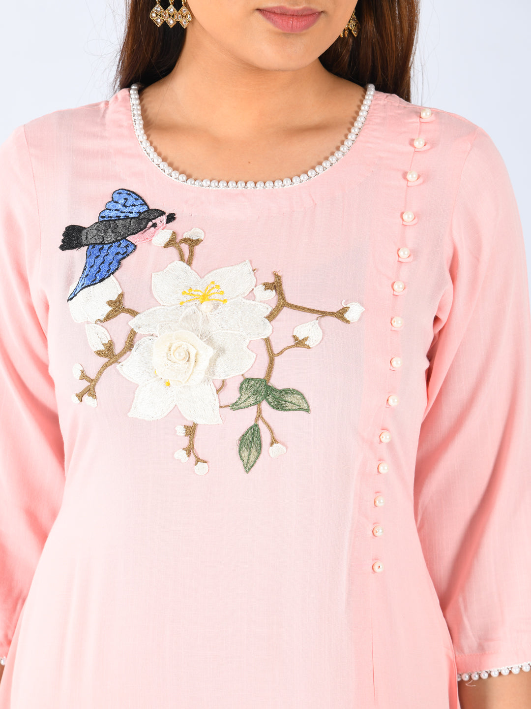 Neerus Pink rayon embroidered A-line kurta - detail view 2