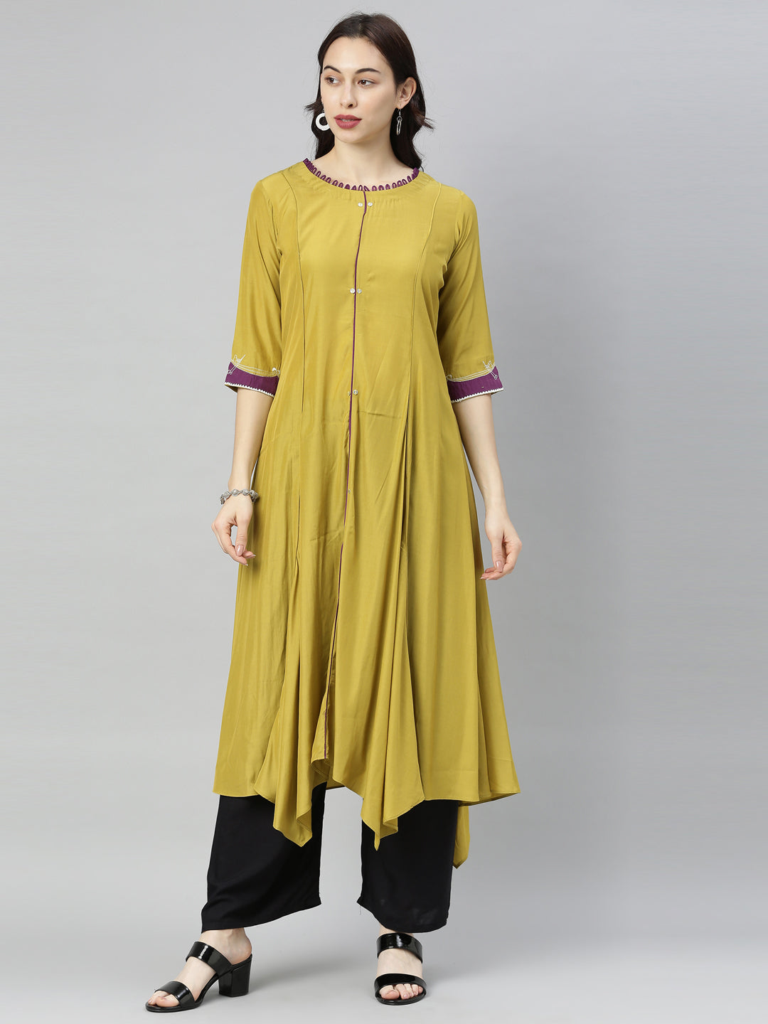 Neerus Green solid high-low kurti - front view