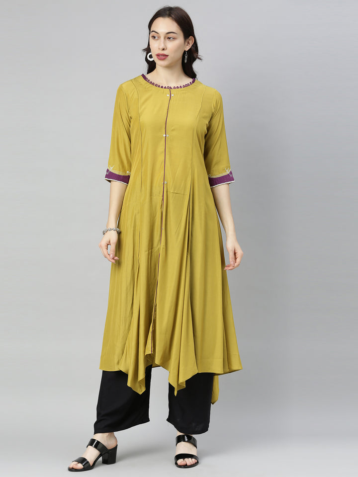 Neerus Green solid high-low kurti - front view