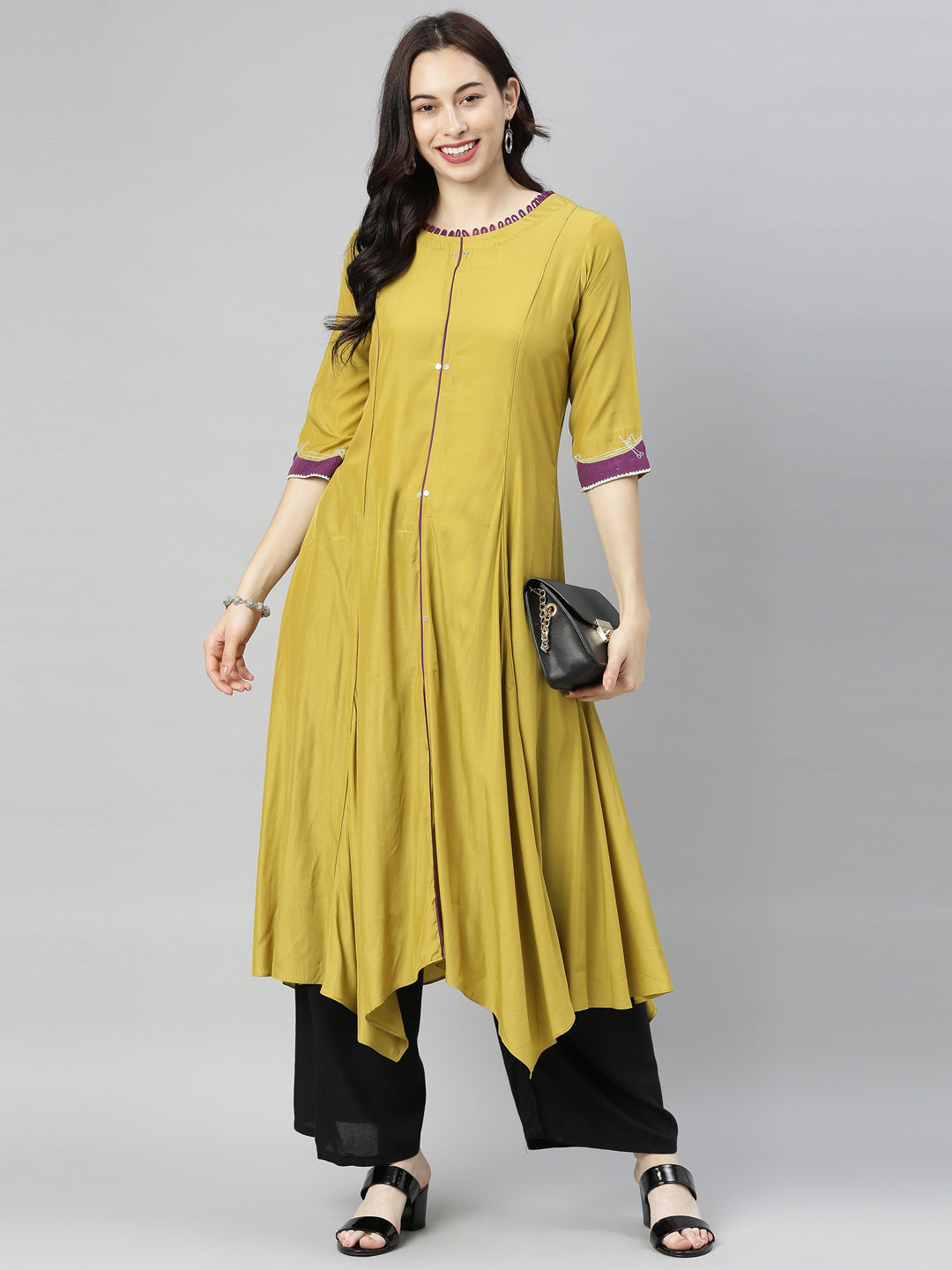 Neerus Green solid high-low kurti - detail view 5