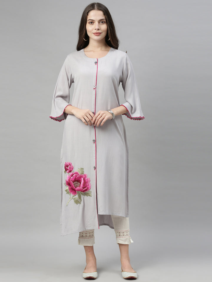 Neerus Grey rayon embroidered straight kurta - detail view 11