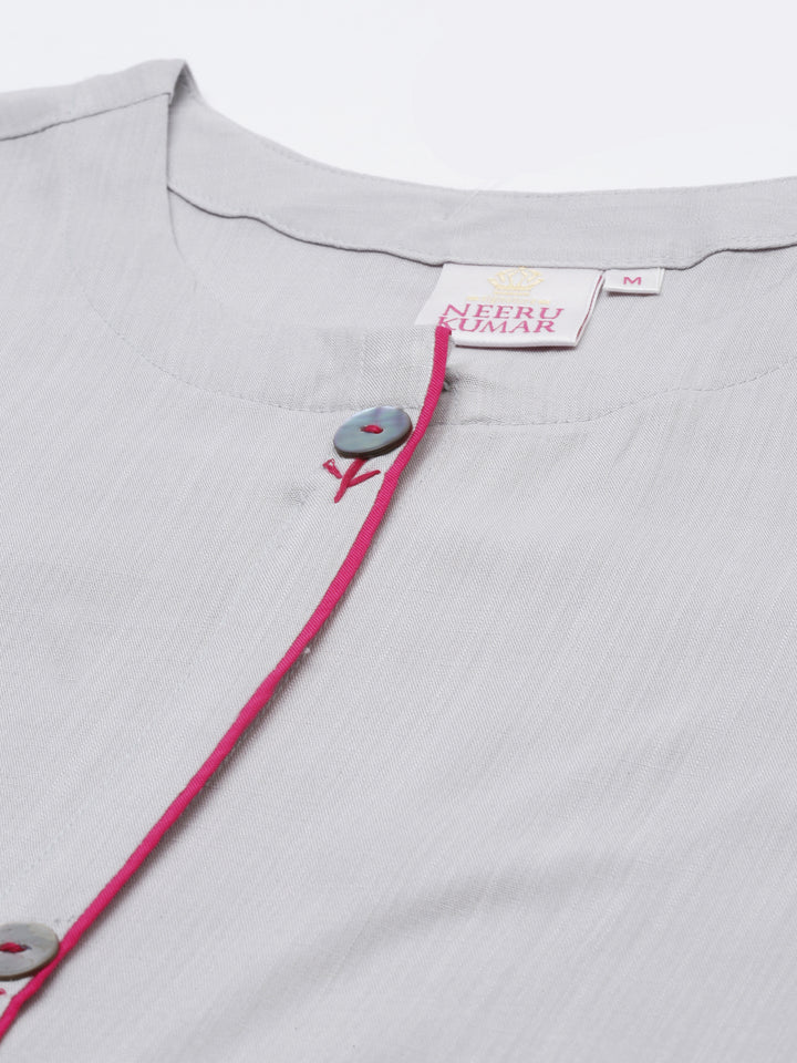 Neerus Grey rayon embroidered straight kurta - detail view 5