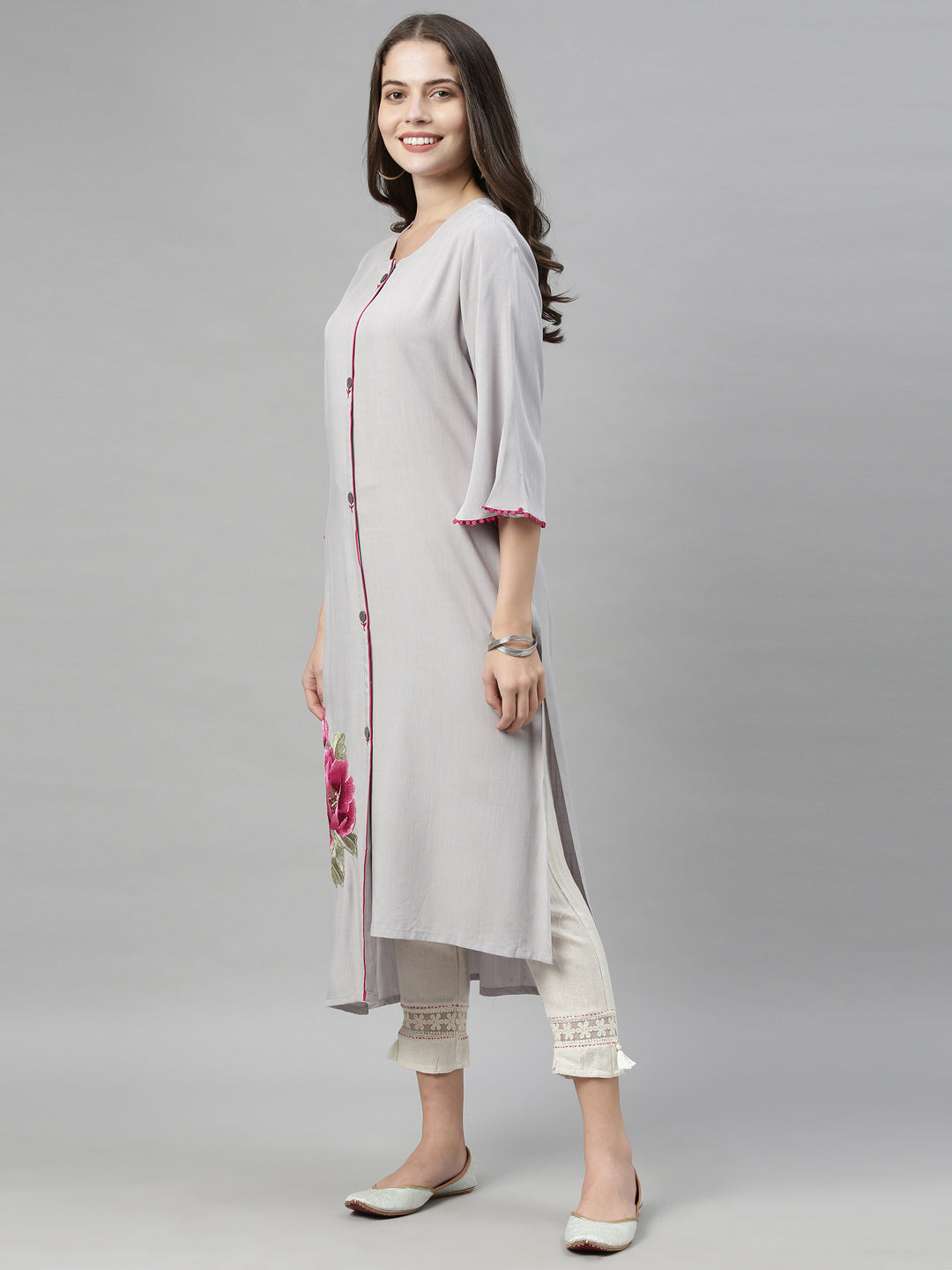 Neerus Grey rayon embroidered straight kurta - detail view 7