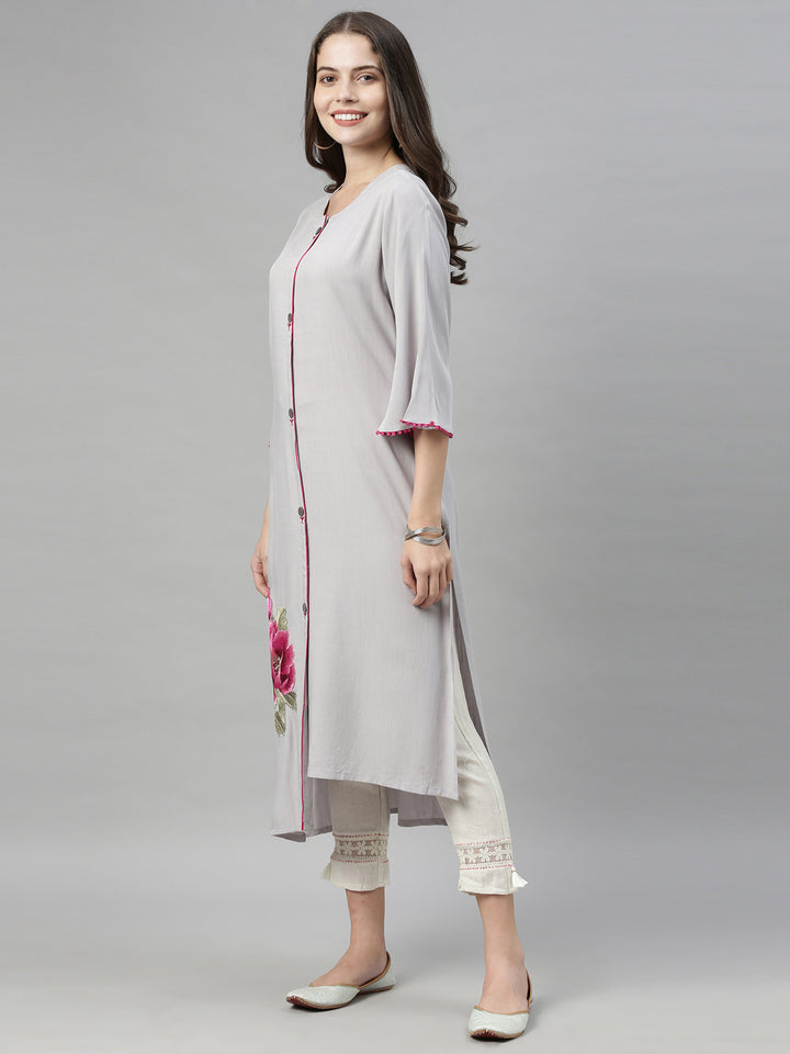 Neerus Grey rayon embroidered straight kurta - detail view 7