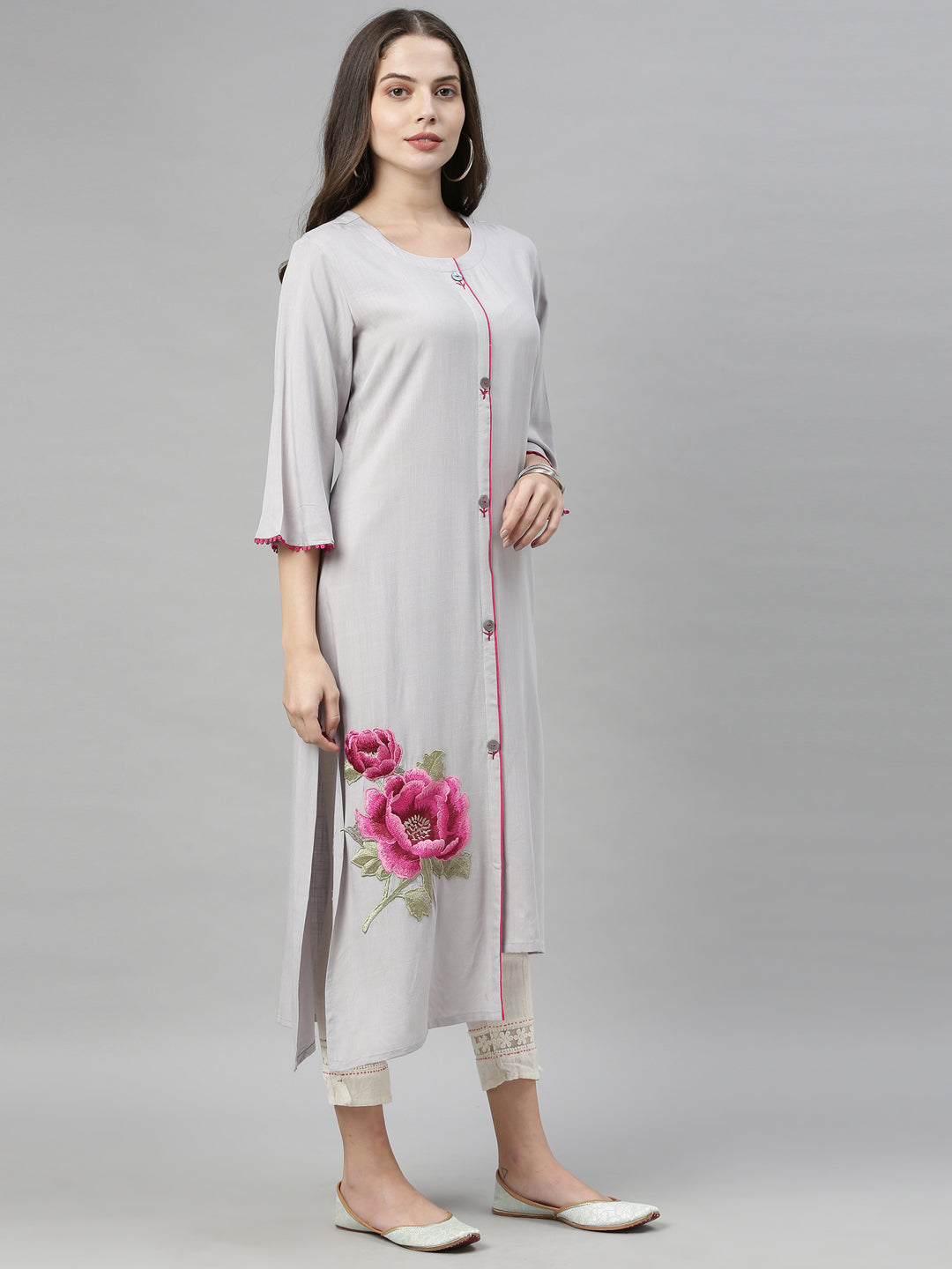 Neerus Grey rayon embroidered straight kurta - detail view 8