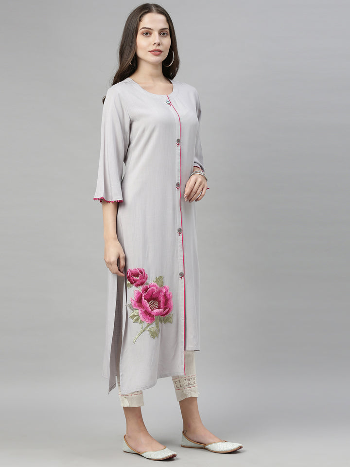 Neerus Grey rayon embroidered straight kurta - detail view 8