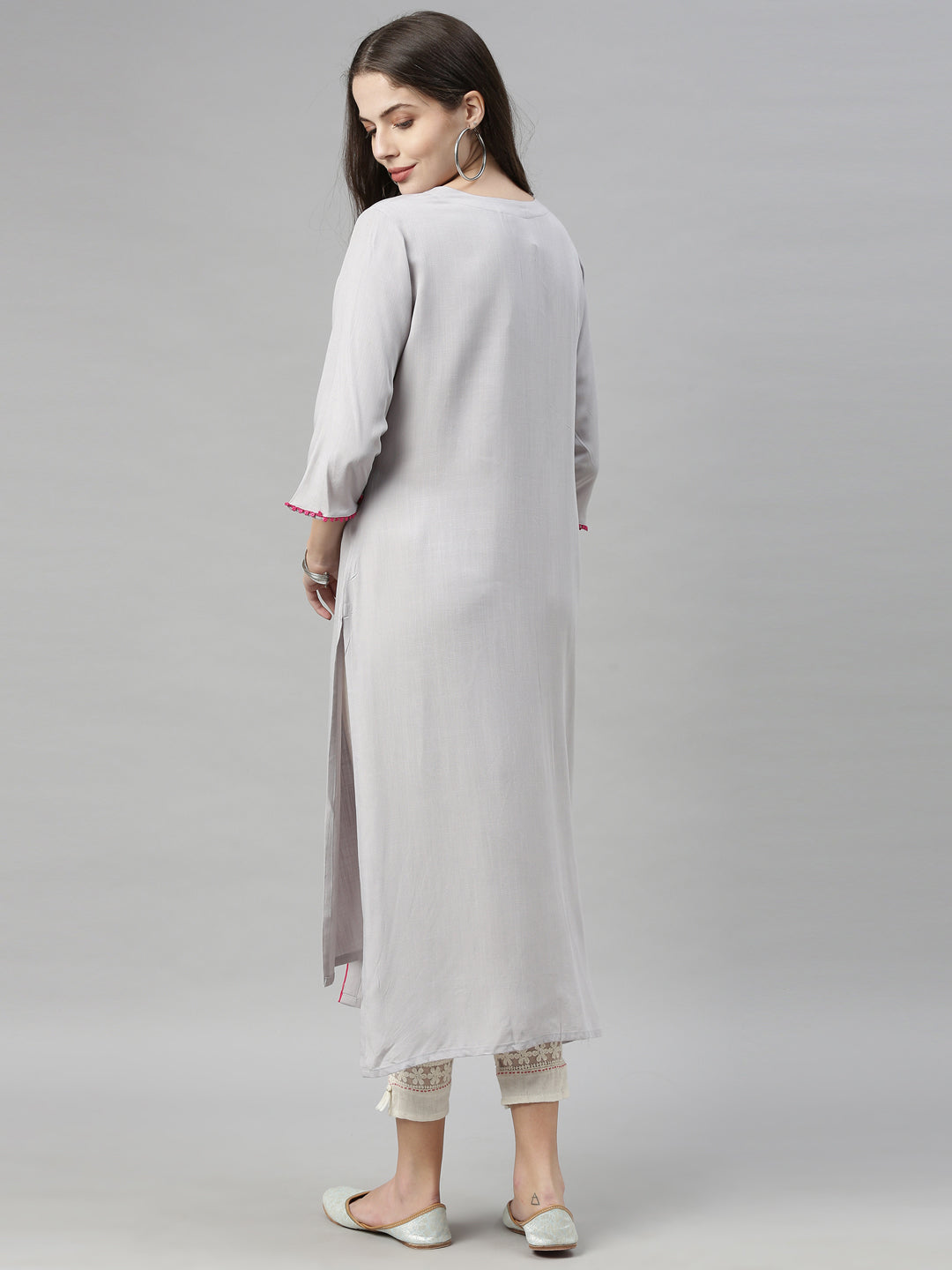 Neerus Grey rayon embroidered straight kurta - detail view 9