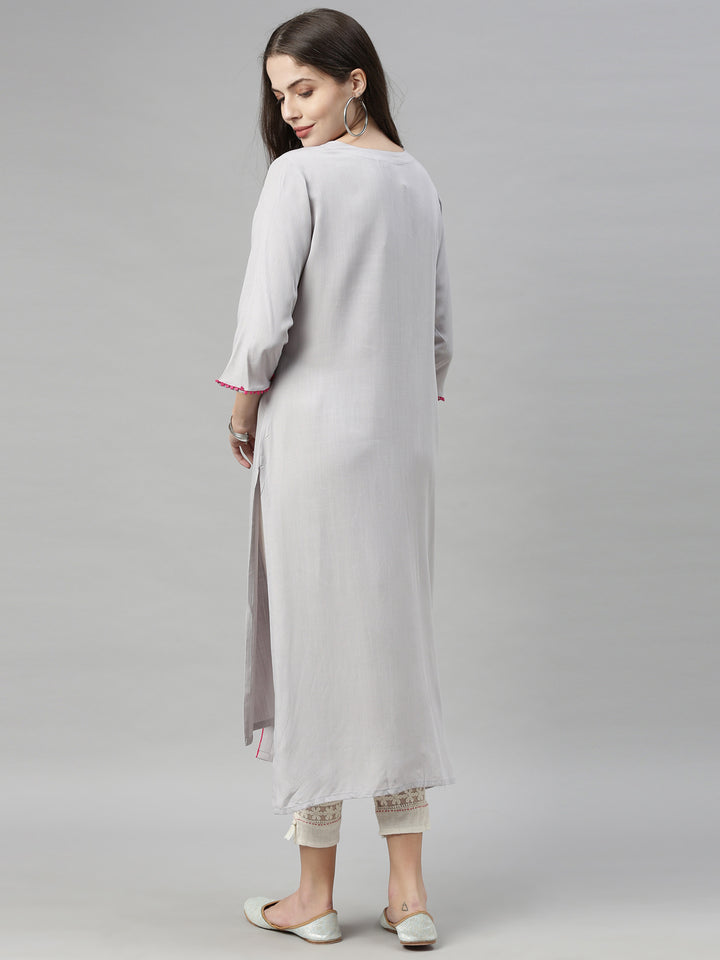 Neerus Grey rayon embroidered straight kurta - detail view 9