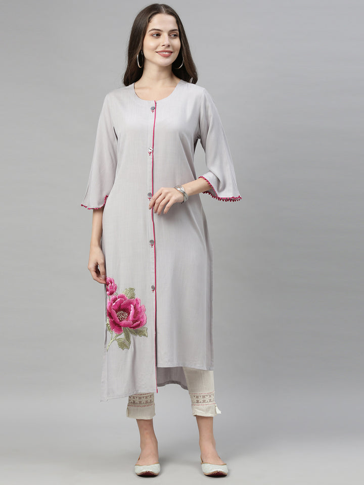 Neerus Grey rayon embroidered straight kurta - detail view 10