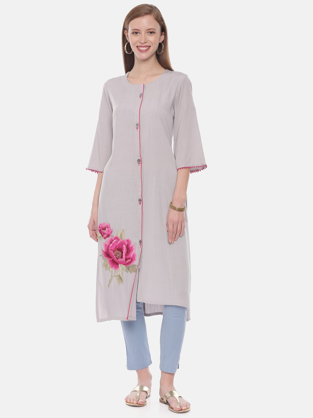 Neerus Grey rayon embroidered straight kurta - front view