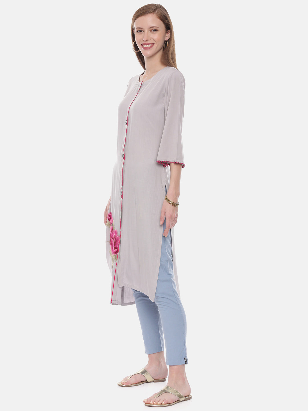 Neerus Grey rayon embroidered straight kurta - side view
