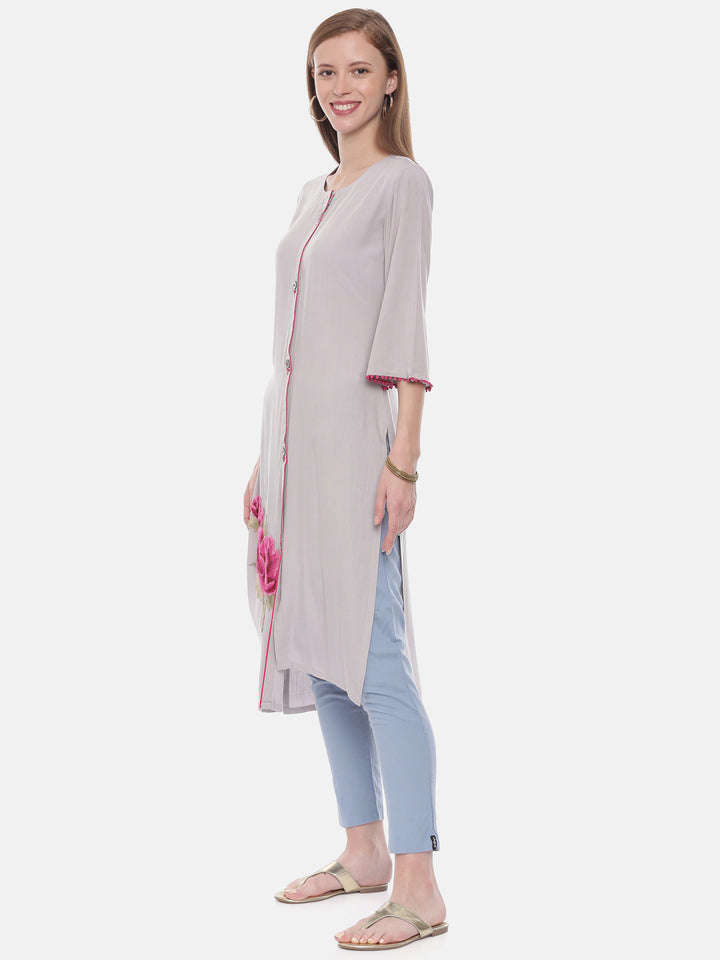 Neerus Grey rayon embroidered straight kurta - side view