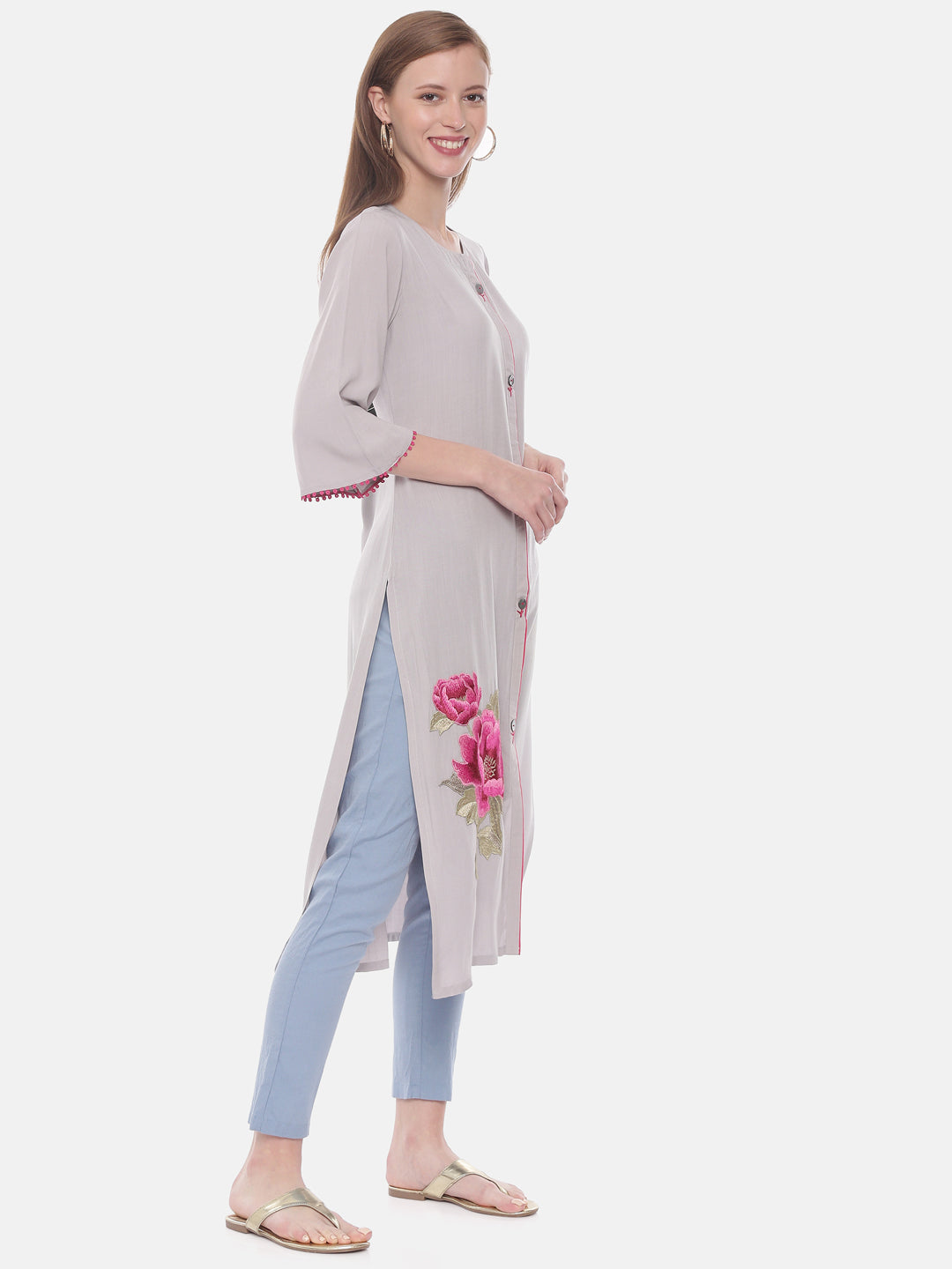 Neerus Grey rayon embroidered straight kurta - detail view 1