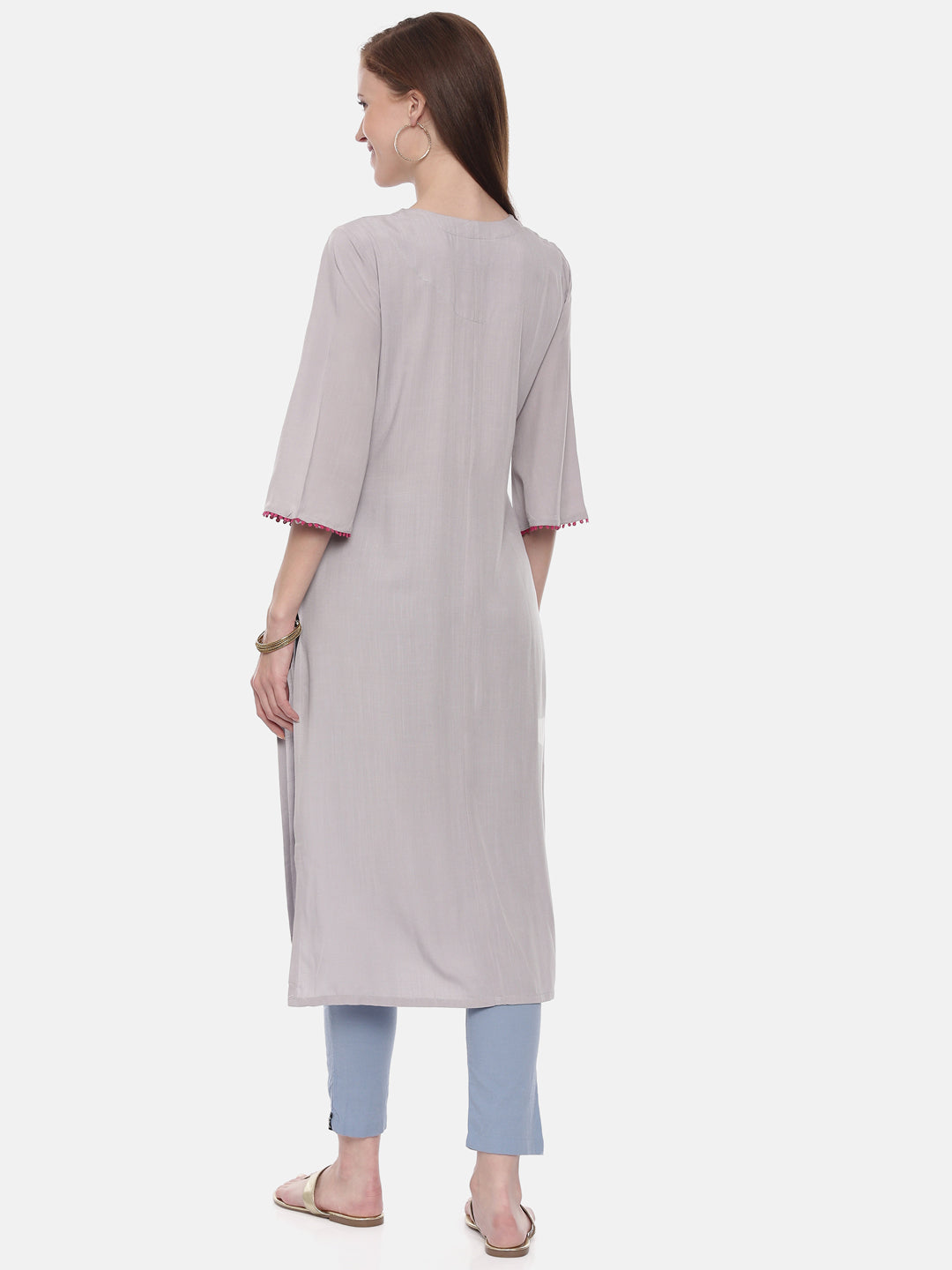 Neerus Grey rayon embroidered straight kurta - detail view 2
