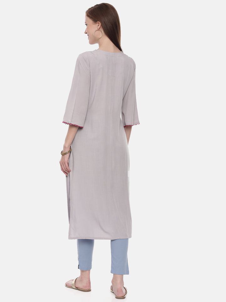 Neerus Grey rayon embroidered straight kurta - detail view 2