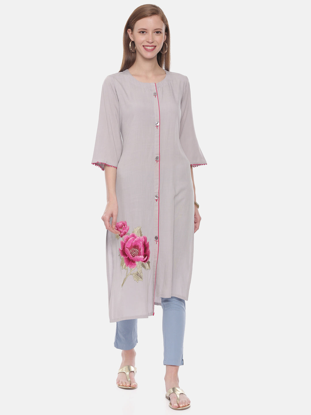 Neerus Grey rayon embroidered straight kurta - detail view 3