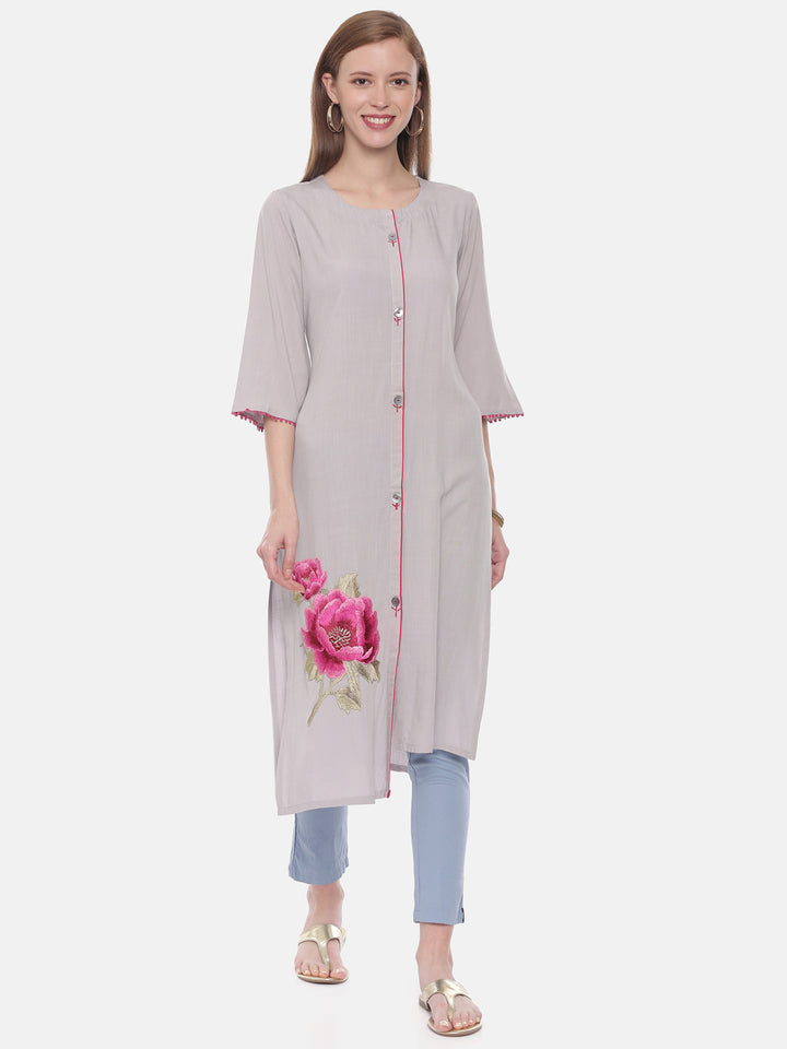 Neerus Grey rayon embroidered straight kurta - detail view 3