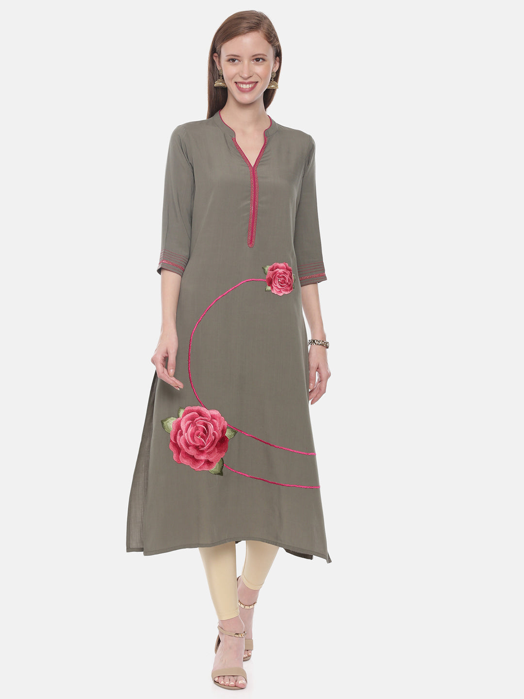Neerus Green rayon embroidered A-line kurta - front view