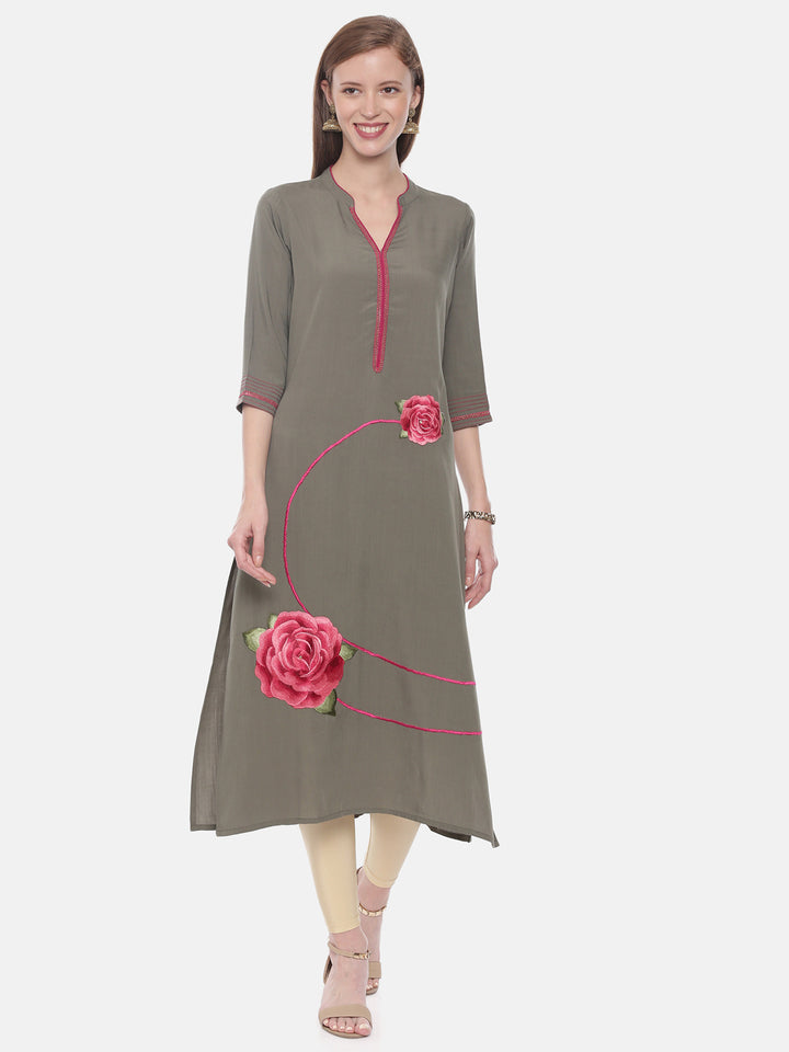 Neerus Green rayon embroidered A-line kurta - front view