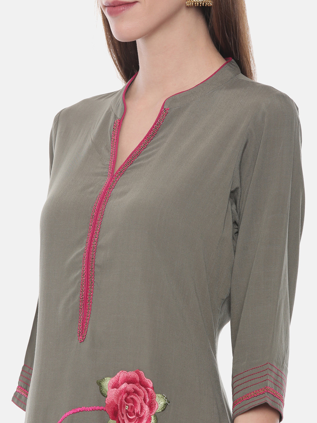 Neerus Green rayon embroidered A-line kurta - back view