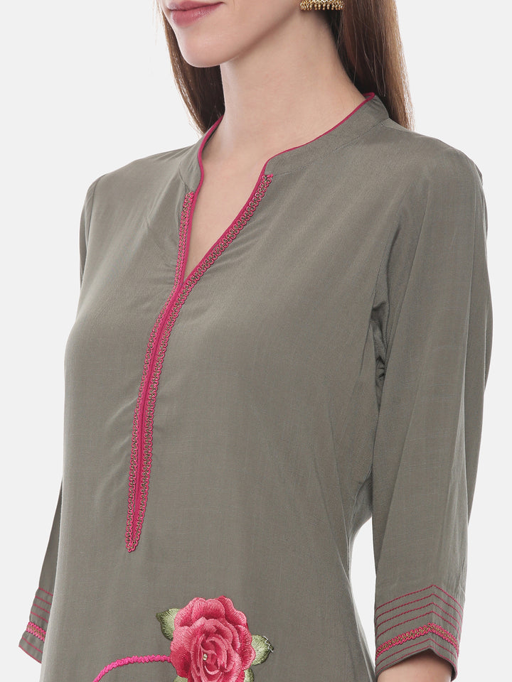 Neerus Green rayon embroidered A-line kurta - back view