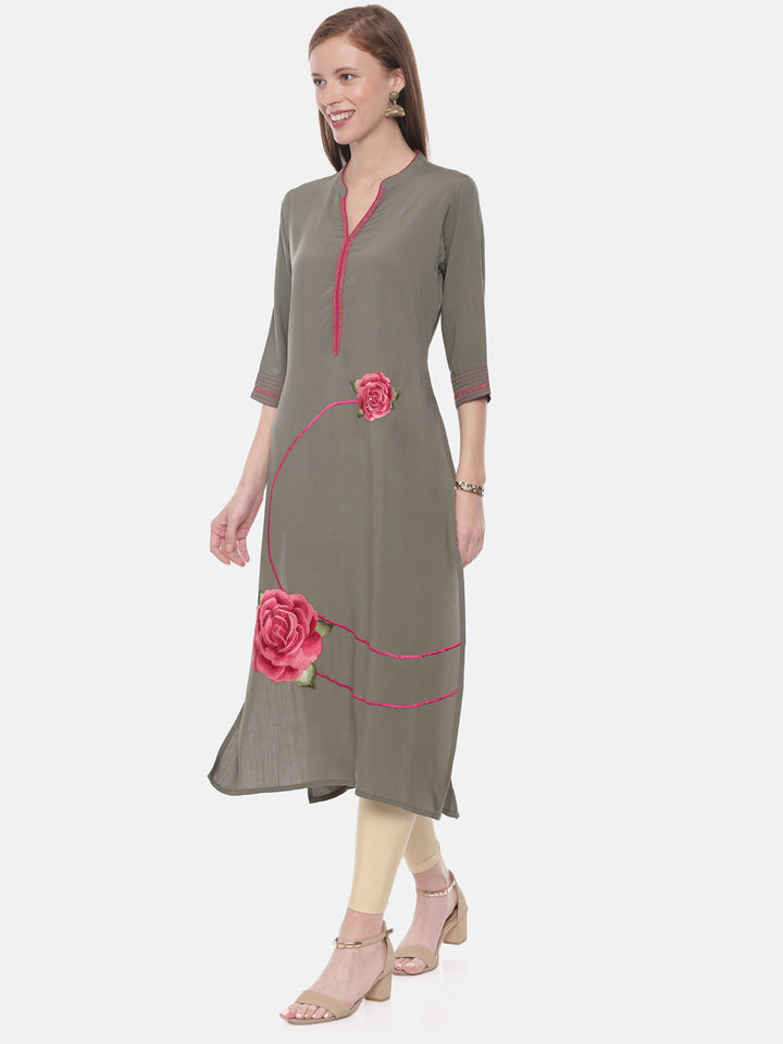 Neerus Green rayon embroidered A-line kurta - side view