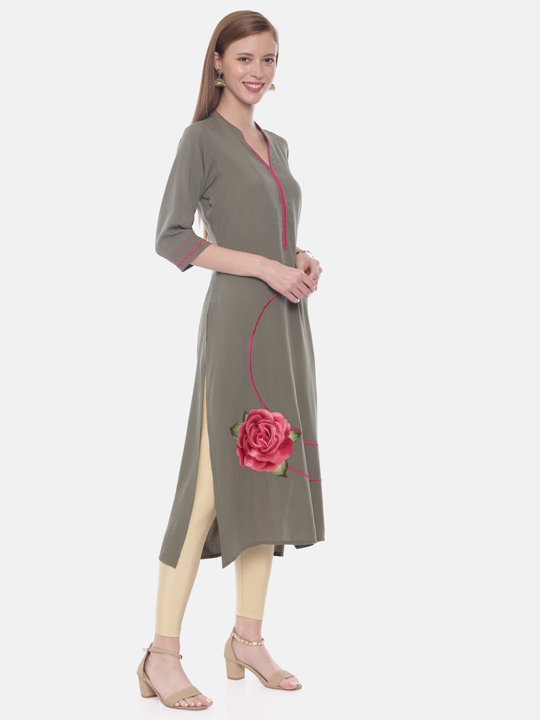 Neerus Green rayon embroidered A-line kurta - detail view 1
