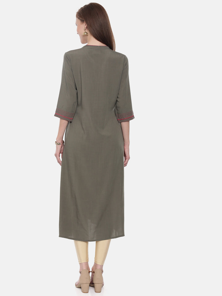 Neerus Green rayon embroidered A-line kurta - detail view 2