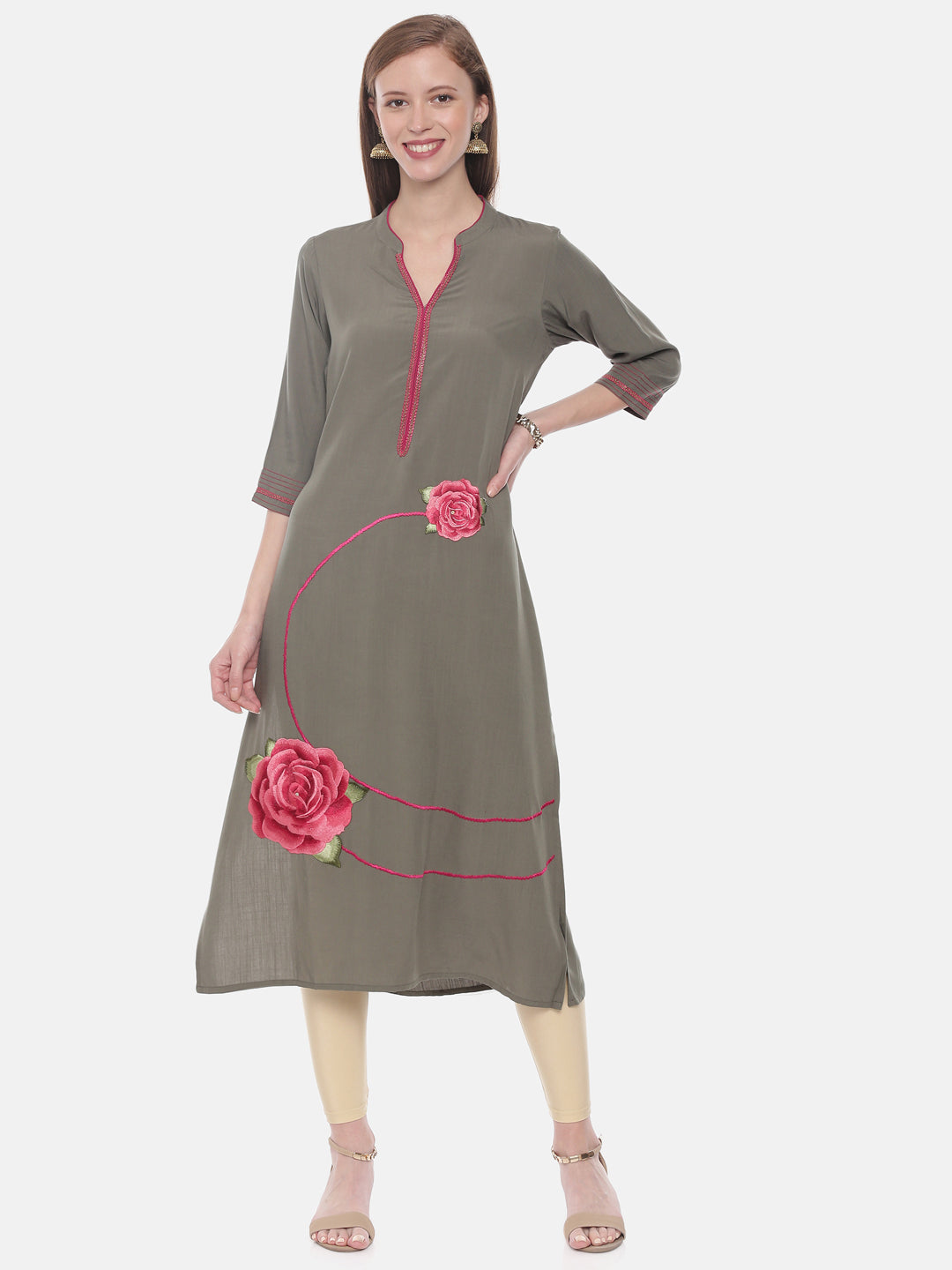 Neerus Green rayon embroidered A-line kurta - detail view 3