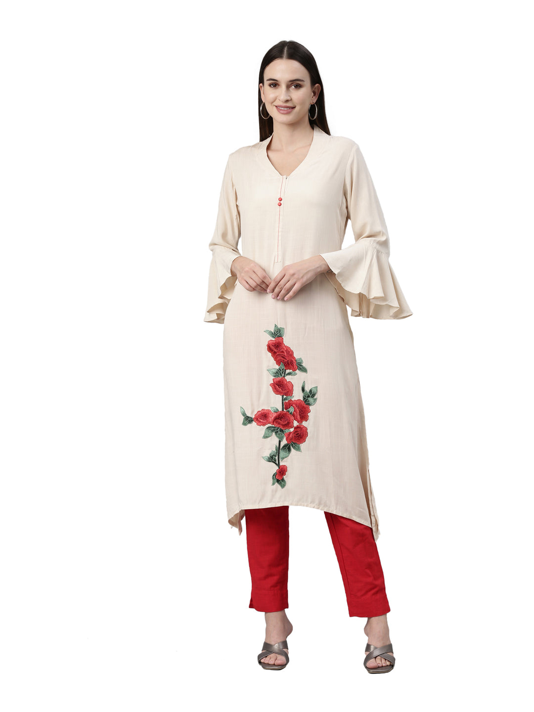 Neerus Cream Color Undefined Fabric Kurta