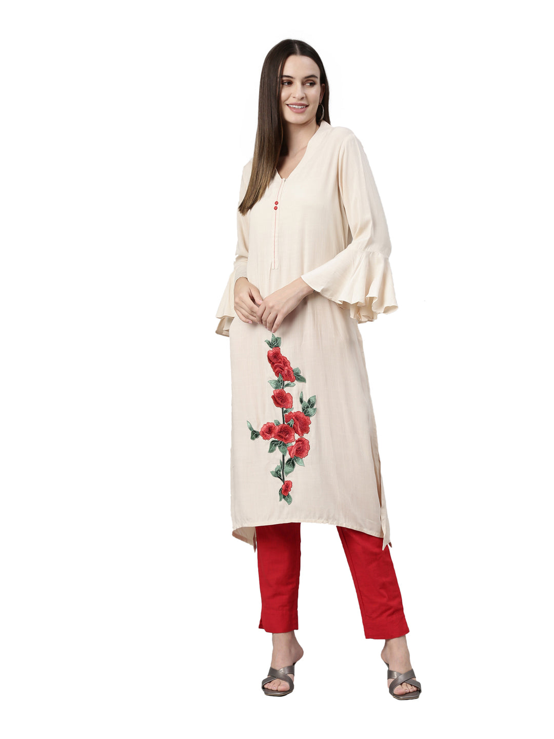 Neerus Cream Color Undefined Fabric Kurta
