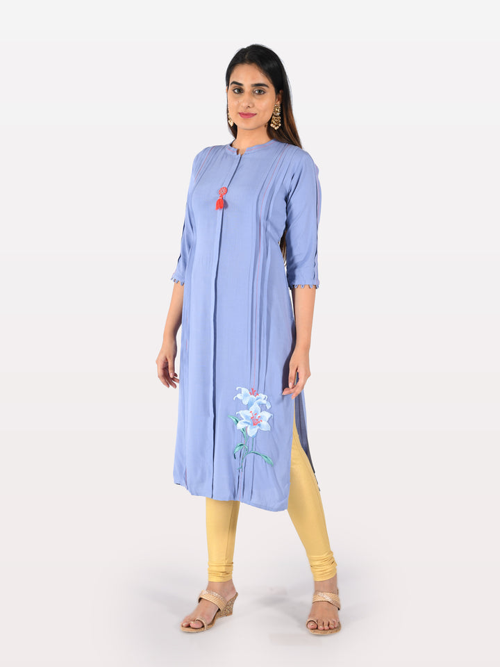 Neerus Blue Rayon Embroidered Straight Kurta - detail view 2