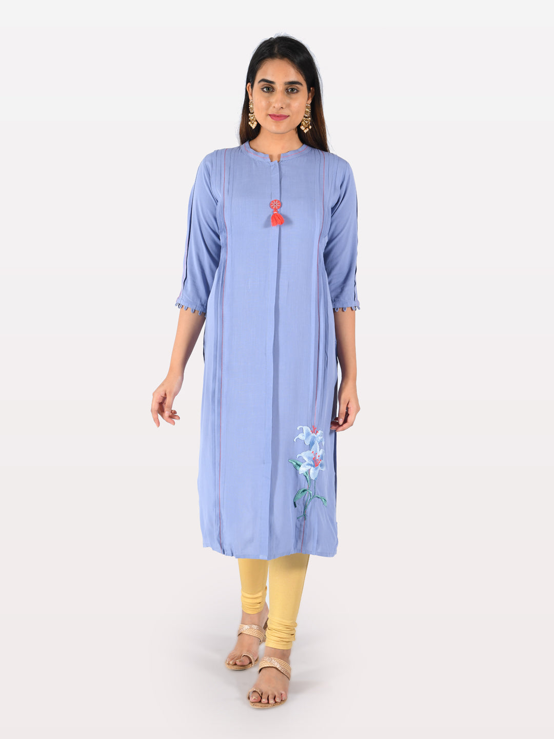 Neerus Blue Rayon Embroidered Straight Kurta - front view
