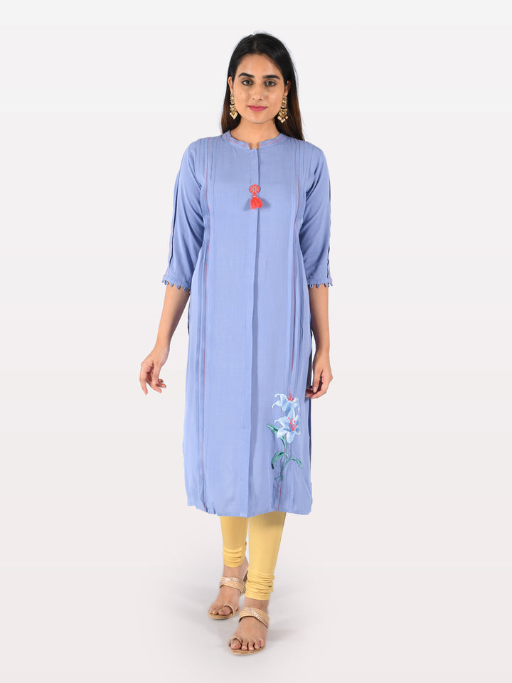 Neerus Blue Rayon Embroidered Straight Kurta - front view