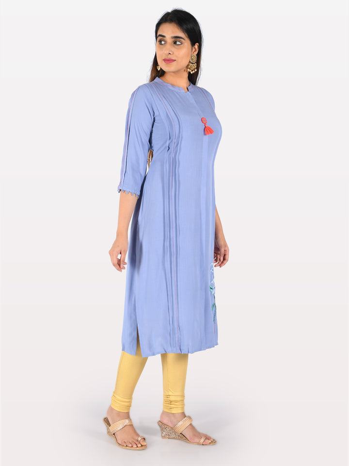 Neerus Blue Rayon Embroidered Straight Kurta - back view